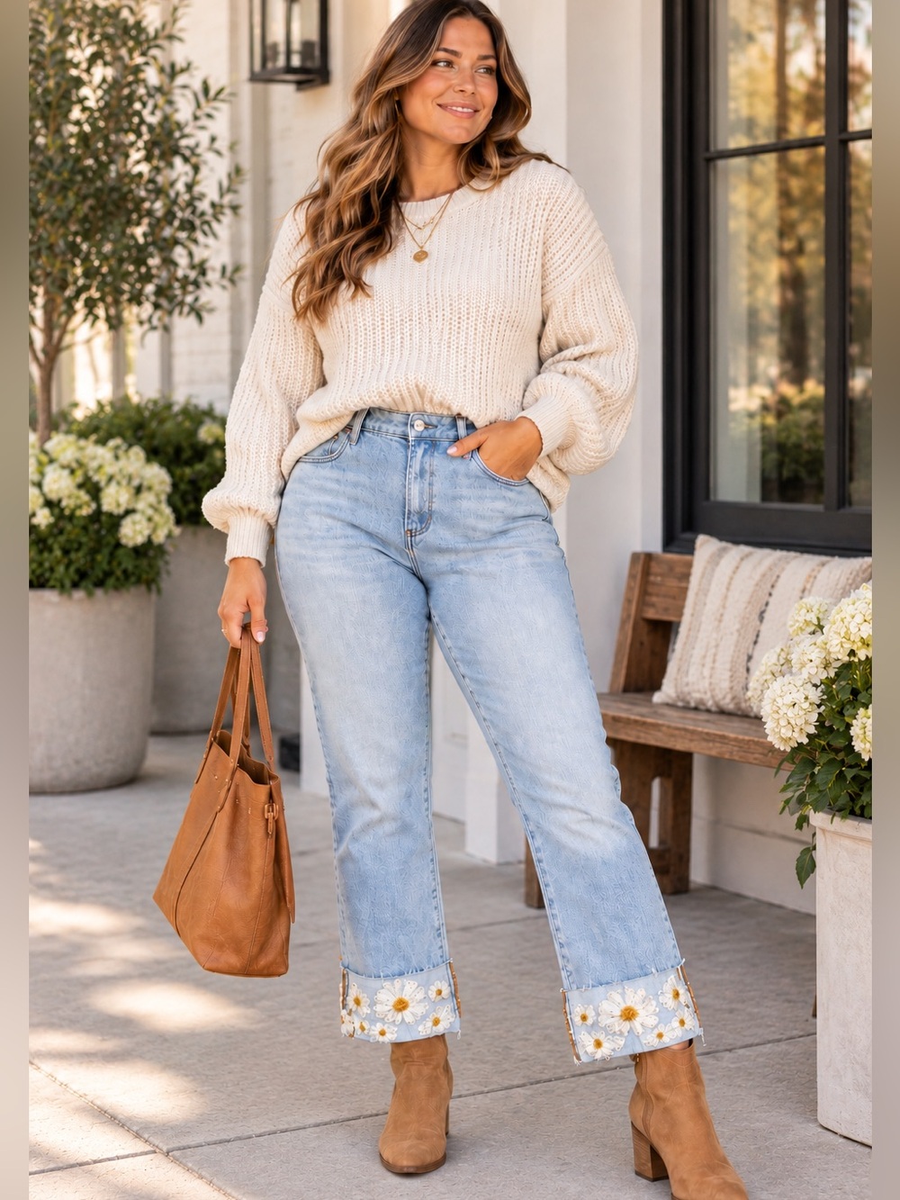 NWT DRIFTWOOD Colette Stretch Denim Embroidered Daisy Cuffed Straight Leg Jeans